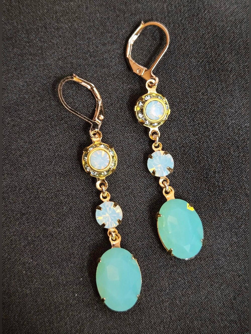 Victorian Pacific Aqua Blue Opal In  Swarovski Crystals In Gold Plated Earrings